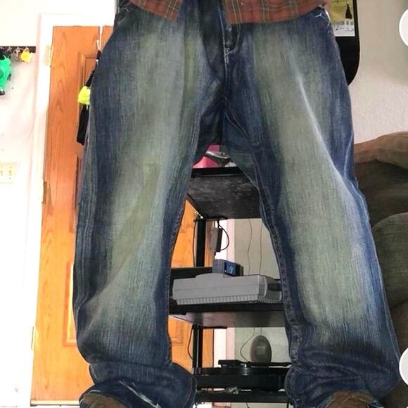 VTG AKADEMIKS Wide Leg Loose Baggy Logo Pocket 90s hip hop Jeans 38x33 - Picture 1 of 7